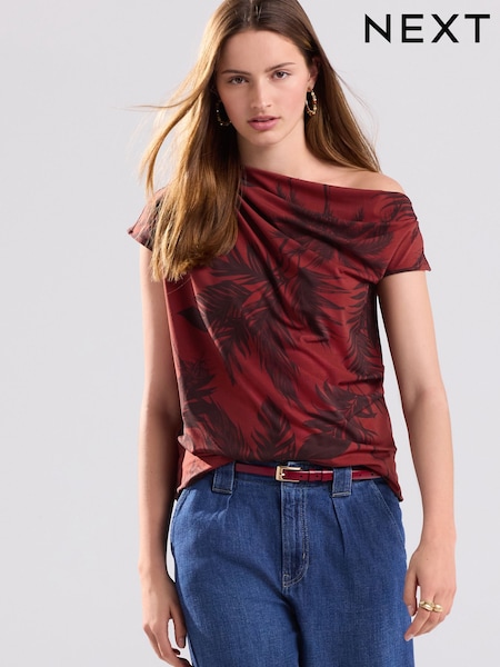 Palma vermelha/preta - Drape Asymmetric One Shoulder Top (AU9916) | R$ 260