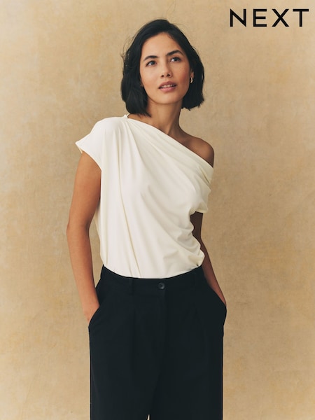 Ecru Drape Asymmetric One Shoulder Top (AU9923) | €31