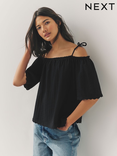 Black Strappy Bardot Short Sleeve 100% Cotton Top (AU9932) | €30