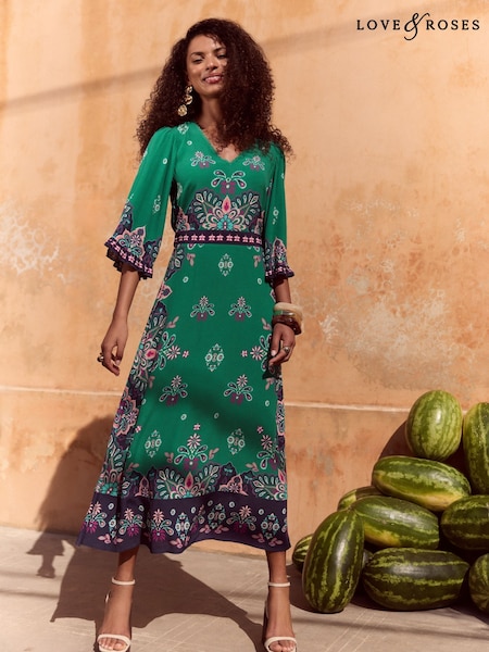 Verde Woodblock - Rochie midi cu mânecă kimono și decolteu în V cu imprimeu Love & Roses (AU9972) | 492 LEI