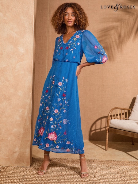 V&A I Love & Roses Embroidered Dobby Scallop Neck 3/4 Sleeve Midi Dress (AU9974) | 663 LEI