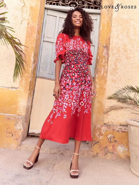 Love & Roses Crew Neck Ruffle Sleeve Midi Dress (AU9981) | 484 LEI