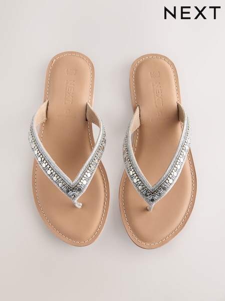 Silver Metallic Extra Wide Fit Forever Comfort® Beaded Toe Thong Sandals (AV0084) | €27