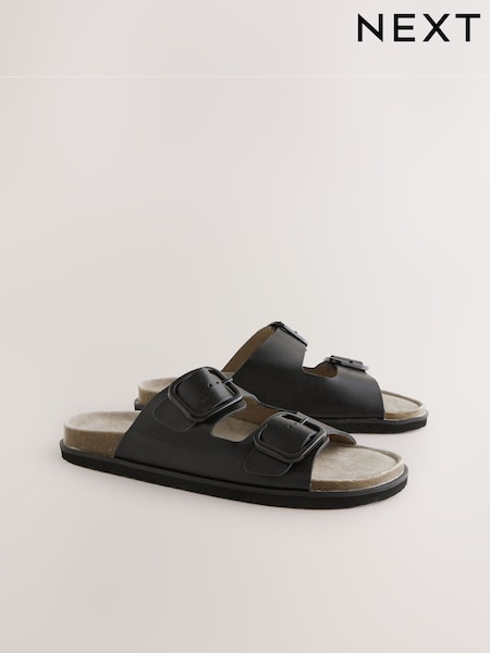 Black Leather Extra Wide Fit Forever Comfort® Double Strap Footbed Sandals (AV0091) | AED122