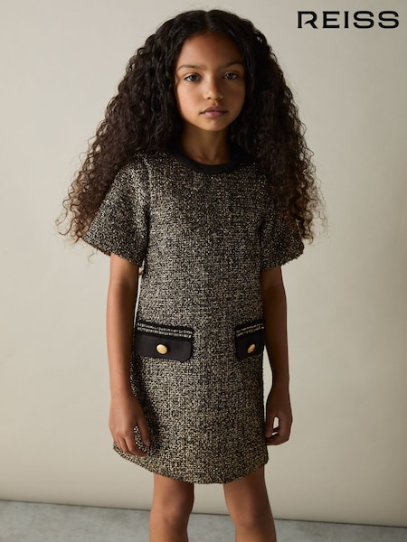 Reiss Gold Sasha 9-13 yrs Tweed Metallic-Thread Shift Dress (AV0139) | 522 QAR