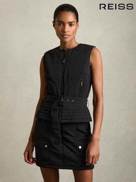 Reiss Black Mio Quilted Zip-Through Belted Vest (AV0144) | €111