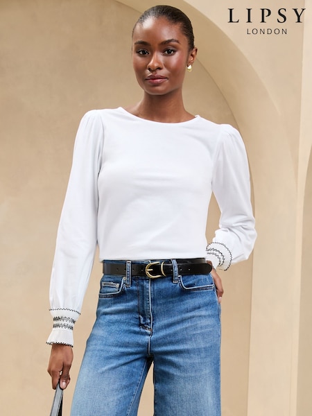 Lipsy White Long Puff Sleeve Trim Cuff Detail Top (AV0208) | ₪151