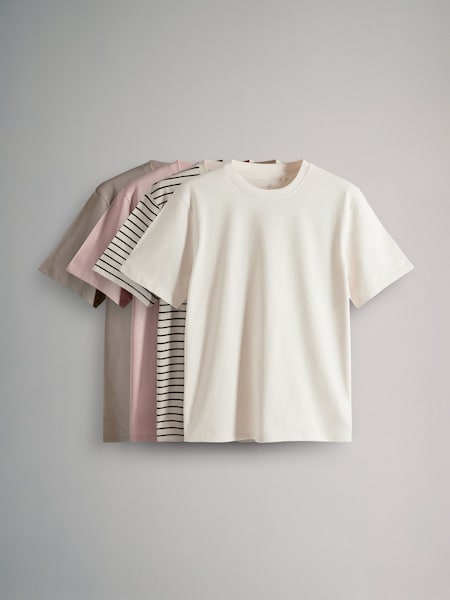 The Set Rose Pink/Neutral Stripe/Cream/Taupe Brown 4 Pack 100% Cotton Short Sleeved Relaxed T-Shirts (AV0221) | kr286