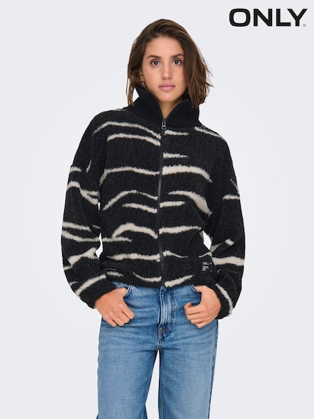 ONLY Black Zebra Animal Print Zip Up Teddy Fleece (AV0316) | €30