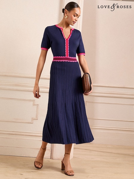 Love & Roses Navy Petite Short Sleeve Knitted Midi Dress (AV0331) | $99