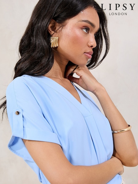 Lipsy Blue Utility V-Neck Short Roll Sleeve Top (AV0806) | ₪151