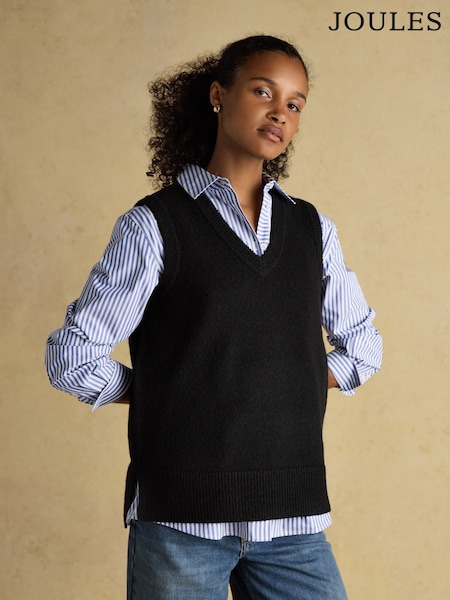 Joules Holly Black V-Neck Long Knitted Vest (AV0819) | R$ 435
