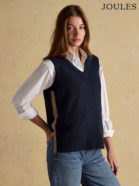 Marinha - Joules Holly V-Neck Long Knitted Vest (AV0820) | R$ 435