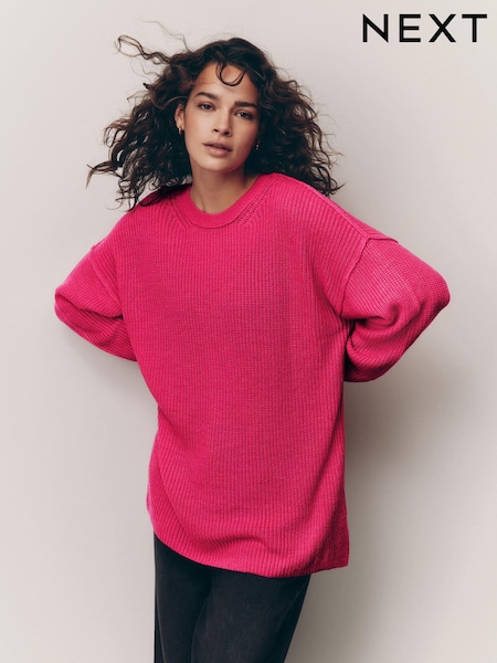 Bright Pink Cosy Crew Neck Longline Tunic Knitted Jumper (AV0823) | €25