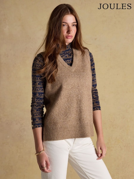 Joules Holly Tan Brown V-Neck Long Knitted Vest (AV0827) | R$ 435