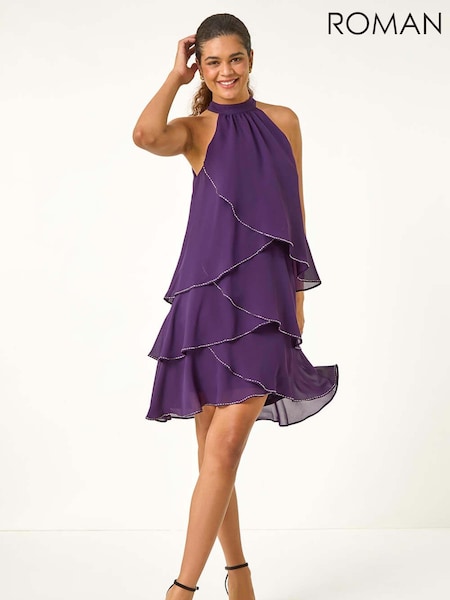 Roman Purple Sequin Trim Tiered Halterneck Dress (AV0845) | €80