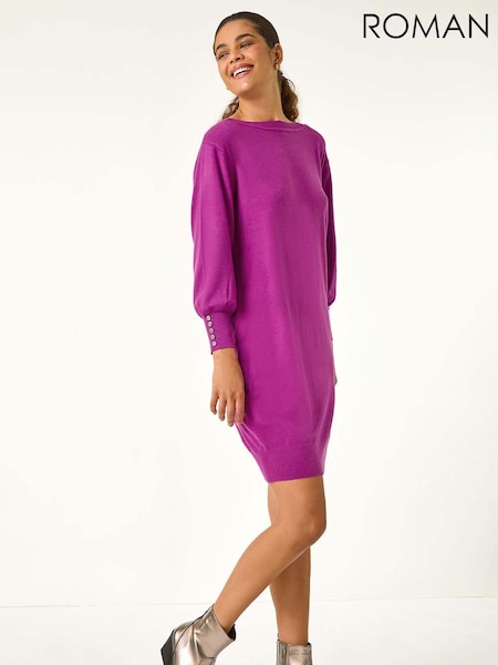 Roman Purple Button Detail Slash Neck Knitted Stretch Jumper Dress (AV0850) | 2,523 UAH