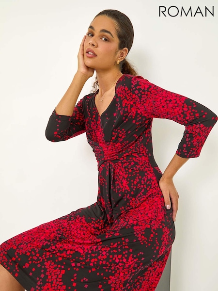 Roman Red Abstract Stretch Midi Dress (AV0851) | €60