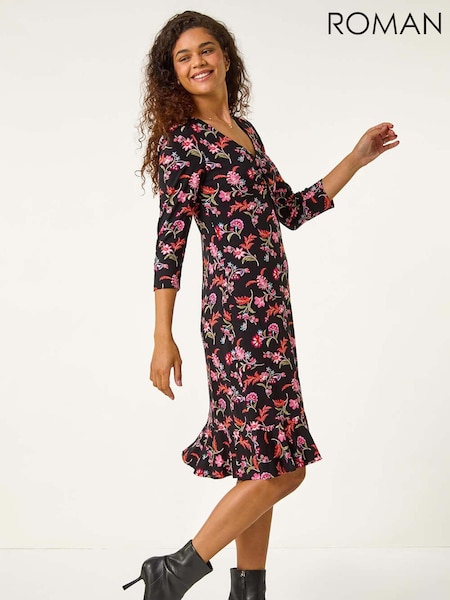 Roman Pink Floral Frill Hem Dress (AV0854) | R$ 510
