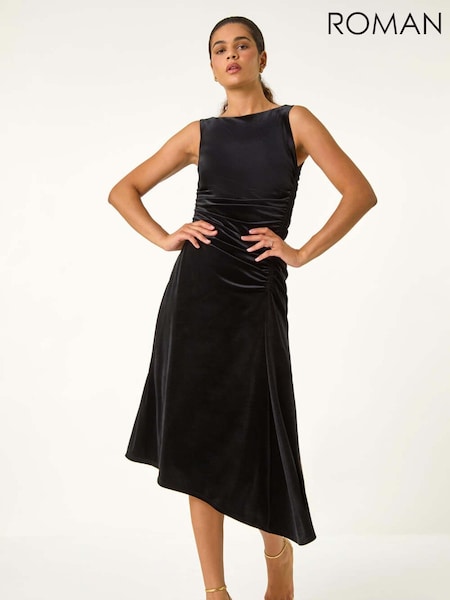 Negro - Roman Velvet Floral Print Ruched Midi Dress (AV0857) | 85 €