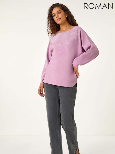 Roman Purple Rhinestone Detail Knit Jumper (AV0867) | AED291