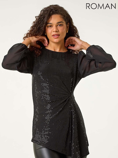 Roman Black Ruched Waist Sparkle Tunic Top (AV0881) | €51