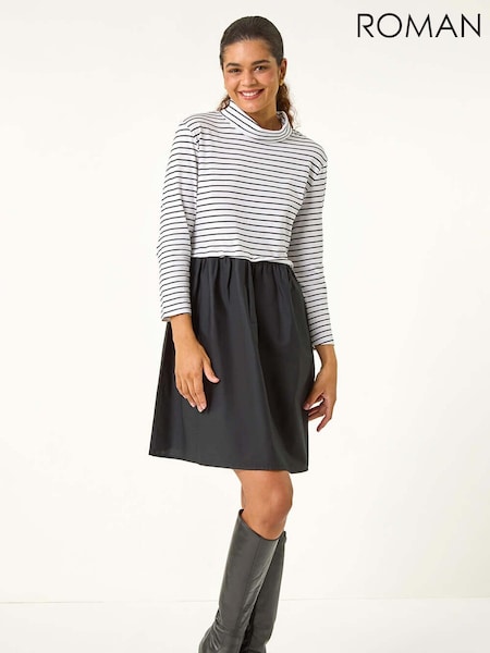 Roman Black Contrast Stripe Smock 100% Cotton Midi Dress (AV0892) | 2,523 UAH