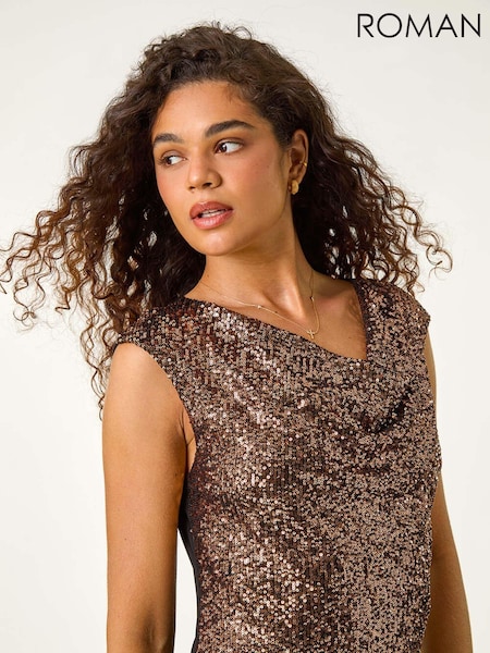 Roman Metallic Sequin Cowl Neck Stretch Jersey Top (AV0893) | €57