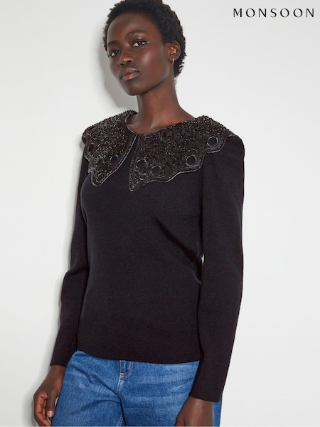 Monsoon Black Oversized Etta Beaded Collar Jumper (AV1029) | €41.50