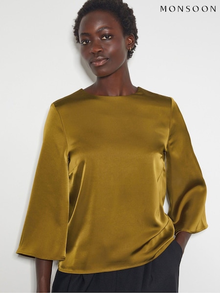 Monsoon Green Ingrid Bell Sleeve Satin Top (AV1035) | AED174