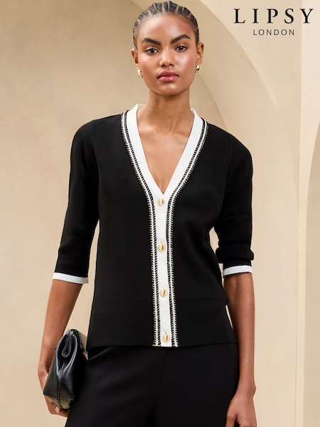 črna - Lipsy V-Neck Tipped Rope Plait Trim Detail Knitted Cardigan (AV1051) | € 59