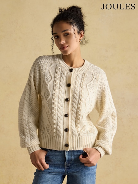 Joules Rafferty Cream Cable Knit Cardigan (AV1067) | R$ 680