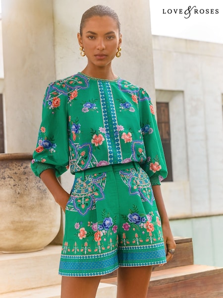V&A I Love & Roses 100% Cotton VA 3/4 Sleeve Crew Neck Floral Printed Blouse (AV1077) | 313 LEI