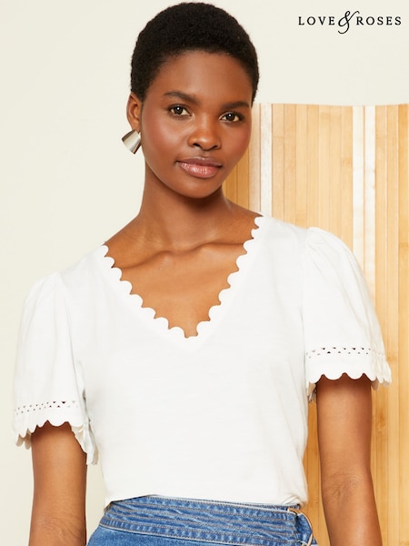 Fildeș - Love & Roses Scallop Decolteu în V 100% Bumbac Tricou (AV1081) | 179 LEI