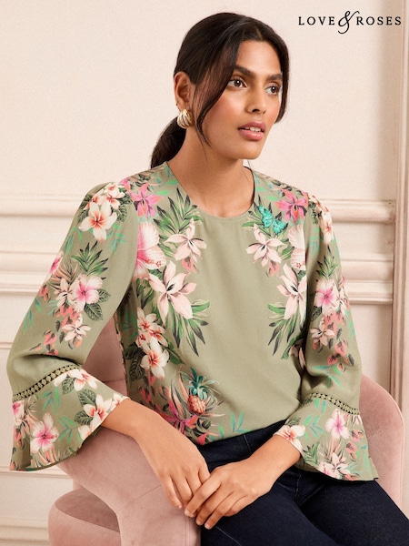 Love & Roses Lace Detail Crew Neck Flute Sleeve Blouse (AV1083) | 313 LEI