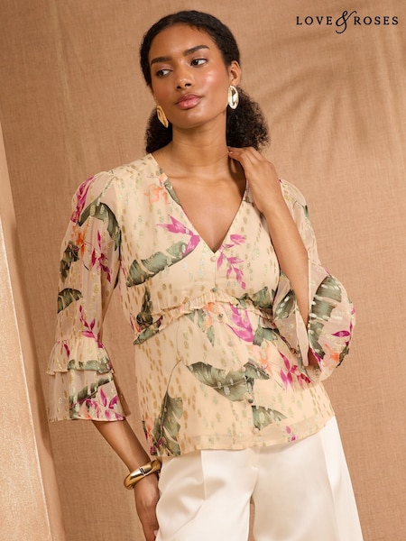 Metallic Blush Pink - Love & Roses חולצת פפלום עם צווארון וי, עיטור קשירה ושרוולי 4/3 (AV1104) | ‏221‏₪