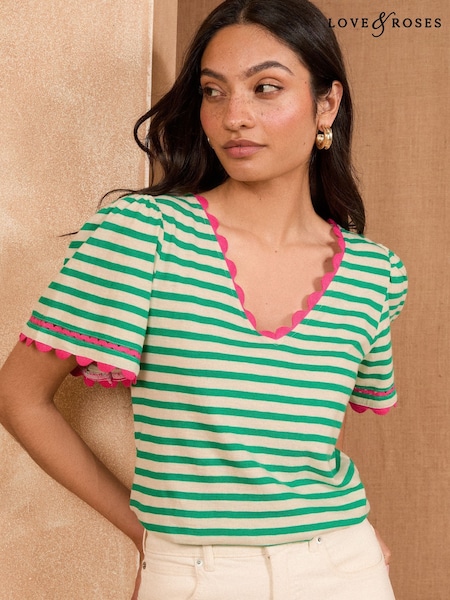 Dungă verde - Love & Roses Scallop Decolteu în V 100% Bumbac Tricou (AV1123) | 194 LEI