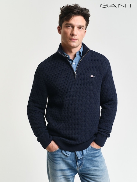 GANT Blue Textured Cotton Half Zip Jumper (AV1159) | R$ 1,380