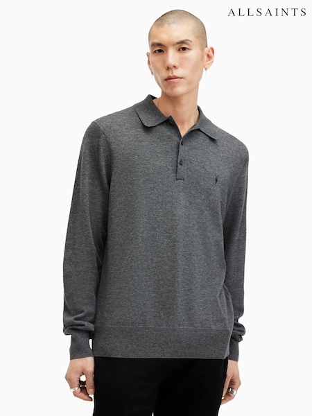 AllSaints Grey Kilburn Long Sleeve Polo Shirt (AV1300) | R$ 940