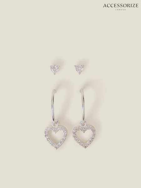 Accessorize Silver Tone Diamante Heart Stud and Hoop Earrings 2 Pack (AV1660) | AED60
