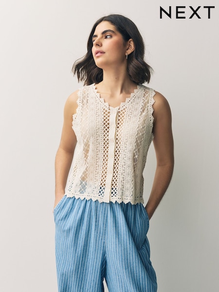White Ecru Stitch Lace Mesh Button Up Tank Waistcoat (AV1670) | 1,131 UAH