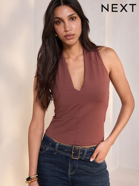 Dark Pink Soft Touch Polyamide Deep V-Neck Sleeveless Top (AV1743) | €28