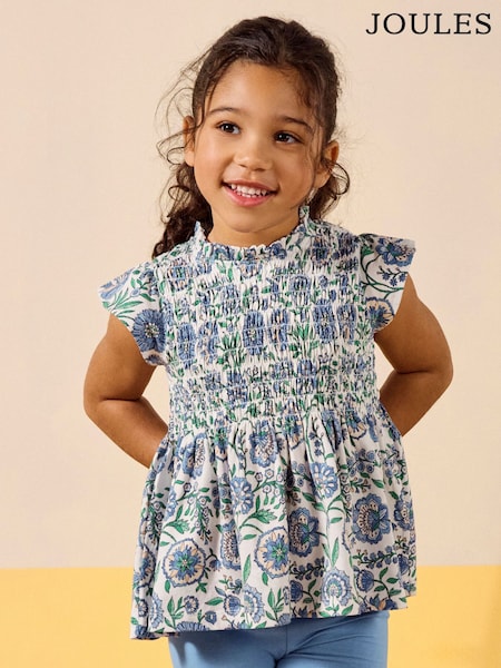 Joules Gracie Blue Shirred Short Sleeve Top (AV1767) | R$ 160 - R$ 195
