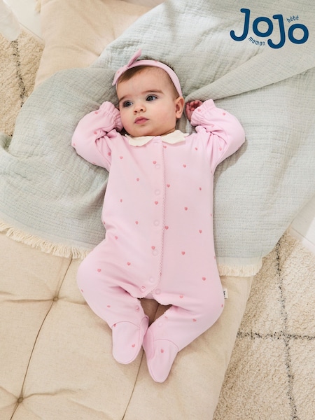 JoJo Maman Bébé Pink Cotton Collared 2-Piece Embroidered Sleepsuit and Headband Set (AV1775) | €41