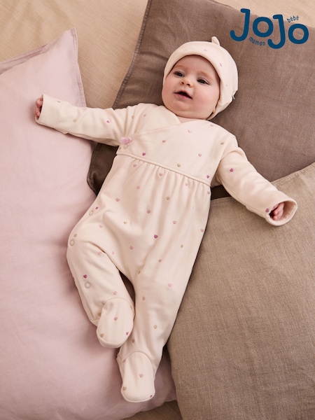 JoJo Maman Bébé Cream Cotton 2-Piece Embroidered Sleepsuit and Hat Set (AV1776) | €41