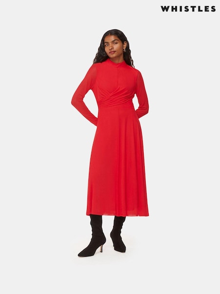 Whistles Red Petite Arabella Ruched Mesh Dress (AV1830) | €98