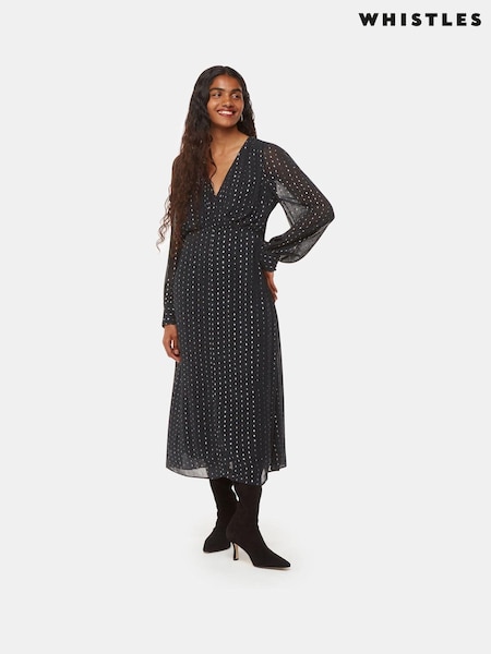 Whistles Black Petite Metallic Stripe Midi Dress (AV1831) | 467 QAR