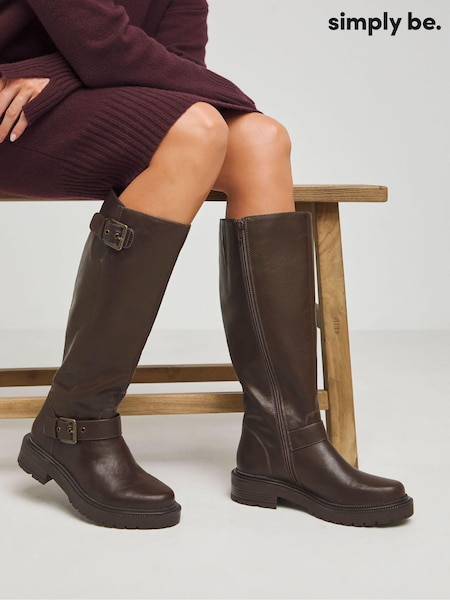 Simply Be Brown Casual Double Buckle Detail Knee High Boots In Extra Wide Fit (AV2273) | €86 - €93