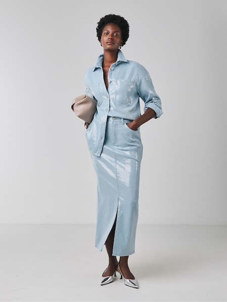 JD Williams Blue Clear Sequin Denim Midi Skirt (AV2280) | €57