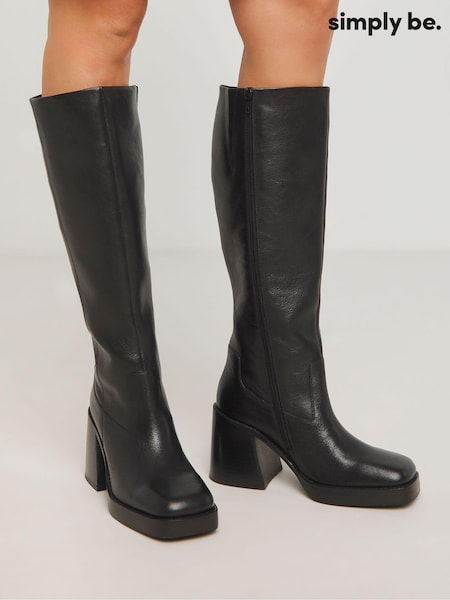 Simply Be Black Platform Classic Knee High Leather Boots In Wide Fit (AV2293) | 227 QAR